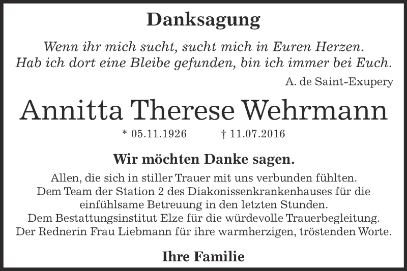  Traueranzeige für Annitta Therese Wehrmann vom 13.08.2016 aus WVG - Wochenspiegel Dessau / Köthen