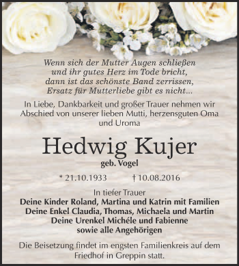Traueranzeige von Hedwig Kujer von WVG - Wochenspiegel Bitterfeld