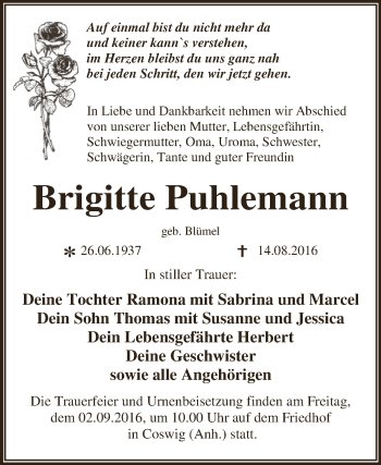 Traueranzeige von Brigitte Puhlemann von WVG - Wochenspiegel Dessau / Köthen