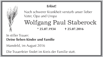 Traueranzeige von Wolfgang Paul Staberock von Wochenspiegel Mansfelder Land