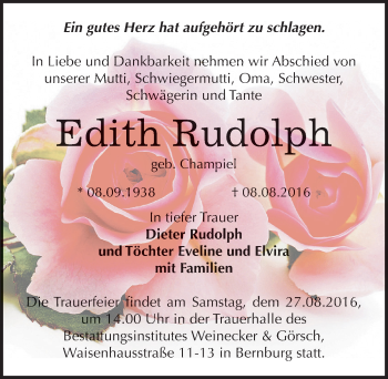 Traueranzeige von Edith Rudolph von Mitteldeutsche Zeitung Bernburg