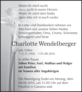 Traueranzeige von Charlotte Wendelberger von Super Sonntag Bernburg