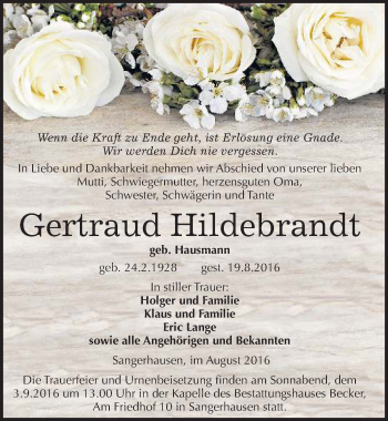 Traueranzeige von Gertraud Hildebrandt von Mitteldeutsche Zeitung Sangerhausen