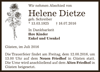 Traueranzeige von Helene Dietze von Super Sonntag Bernburg