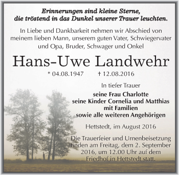 Traueranzeige von Hans-Uwe Landwehr von Mitteldeutsche Zeitung Mansfelder Land