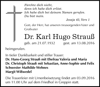 Traueranzeige von Karl Hugo Strauß von Mitteldeutsche Zeitung Bitterfeld