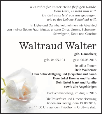 Traueranzeige von Waltraud Walter von WVG - Wochenspiegel Wittenberg