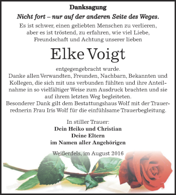 Traueranzeige von Elke Voigt von WVG - Wochenspiegel NMB / WSF / ZTZ