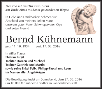 Traueranzeige von Bernd Kühnemann von Mitteldeutsche Zeitung Mansfelder Land