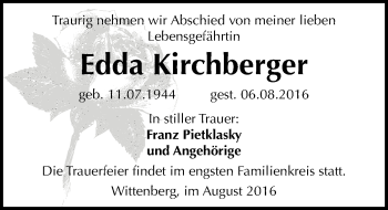 Traueranzeige von Edda Kirchberger von Mitteldeutsche Zeitung Wittenberg