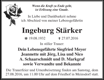 Traueranzeige von Ingeburg Stärker von WVG - Wochenspiegel Dessau / Köthen