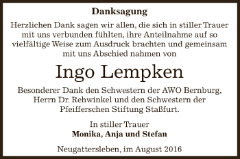 Traueranzeige von Ingo Lempken von Super Sonntag Bernburg