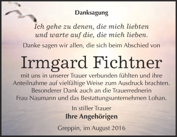 Traueranzeige von Irmgard Fichtner von WVG - Wochenspiegel Bitterfeld