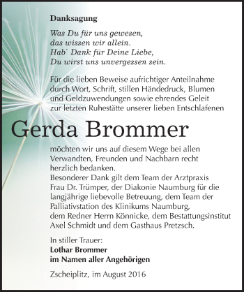 Traueranzeige von Gerda Brommer von Mitteldeutsche Zeitung Naumburg/Nebra