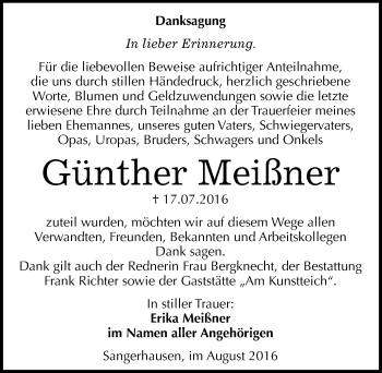 Traueranzeige von Günther Meißner von Mitteldeutsche Zeitung Sangerhausen