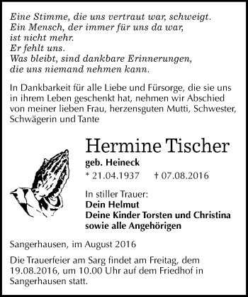 Traueranzeige von Hermine Tischer von Mitteldeutsche Zeitung Sangerhausen