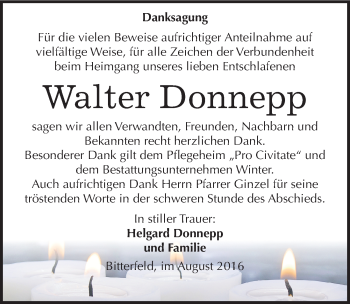 Traueranzeige von Walter Donnepp von Mitteldeutsche Zeitung Bitterfeld