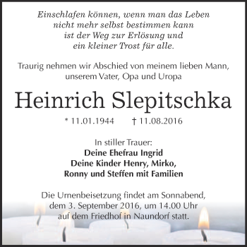 Traueranzeige von Heinrich Slepitschka von WVG - Wochenspiegel Wittenberg