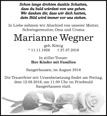 Traueranzeige von Marianne Wegner von Mitteldeutsche Zeitung Sangerhausen