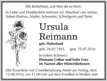 Traueranzeige von Ursula Reimann von Mitteldeutsche Zeitung Bitterfeld