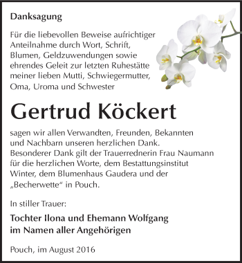 Traueranzeige von Gertrud Köckert von Mitteldeutsche Zeitung Bitterfeld