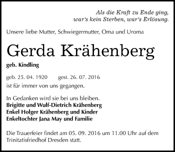 Traueranzeige von Gerda Krähenberg von Mitteldeutsche Zeitung Dessau-Roßlau