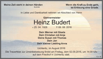 Traueranzeige von Heinz Budert von Mitteldeutsche Zeitung Weißenfels
