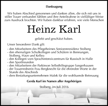 Traueranzeige von Heinz Karl von Mitteldeutsche Zeitung Sangerhausen