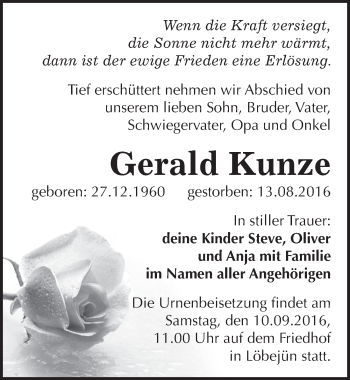 Traueranzeige von Gerald Kunze von Mitteldeutsche Zeitung Halle/Saalkreis