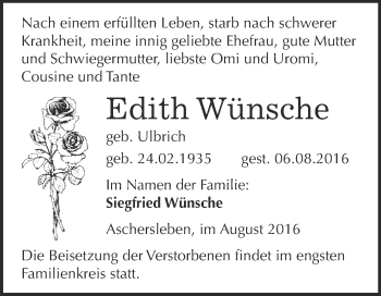 Traueranzeige von Edith Wünsche von Super Sonntag Aschersleben