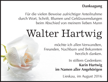 Traueranzeige von Walter Hartwig von Mitteldeutsche Zeitung Halle/Saalkreis
