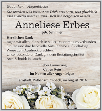 Traueranzeige von Anneliese Erbes von Mitteldeutsche Zeitung