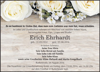 Traueranzeige von Erich Ehrhardt von Mitteldeutsche Zeitung Naumburg/Nebra