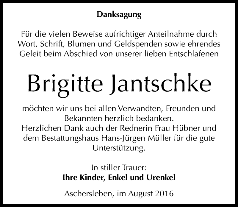  Traueranzeige für Brigitte Jantschke vom 03.08.2016 aus Mitteldeutsche Zeitung Aschersleben