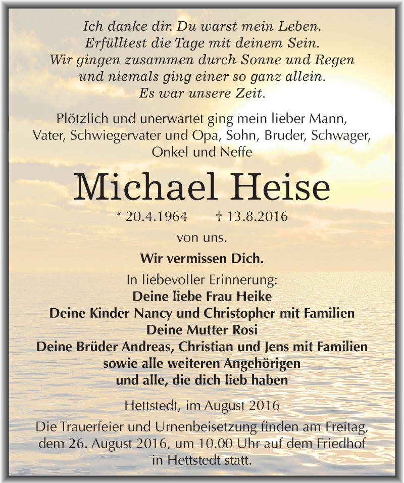  Traueranzeige für Michael Heise vom 20.08.2016 aus Mitteldeutsche Zeitung Mansfelder Land