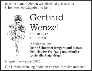 Traueranzeige von Gertrud Wenzel von WVG - Wochenspiegel Bitterfeld