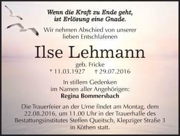 Traueranzeige von Ilse Lehmann von Mitteldeutsche Zeitung Köthen