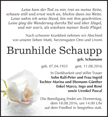 Traueranzeige von Brunhilde Schaupp von Mitteldeutsche Zeitung Wittenberg