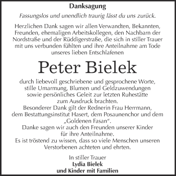 Traueranzeige von Peter Bielek von Super Sonntag Wittenberg
