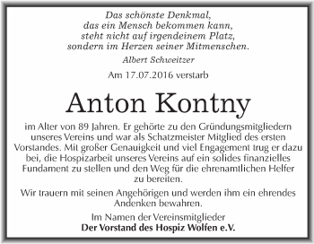 Traueranzeige von Anton Kontny von WVG - Wochenspiegel Bitterfeld