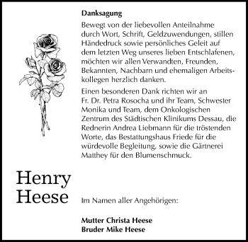 Traueranzeige von Henry Heese von Mitteldeutsche Zeitung Dessau-Roßlau