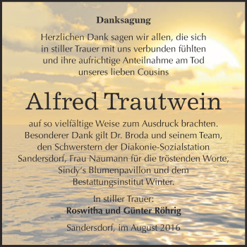 Traueranzeige von Alfred Trautwein von WVG - Wochenspiegel Bitterfeld