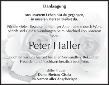 Traueranzeige von Peter Haller von WVG - Wochenspiegel NMB / WSF / ZTZ