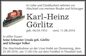 Traueranzeige von Karl-Heinz Görlitz von Mitteldeutsche Zeitung Mansfelder Land