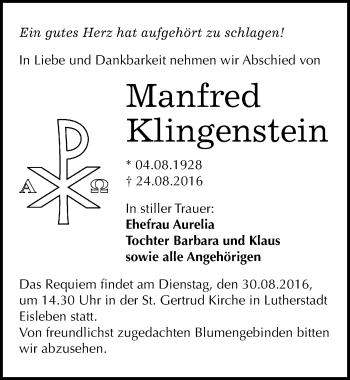 Traueranzeige von Manfred Klingenstein von Mitteldeutsche Zeitung Mansfelder Land