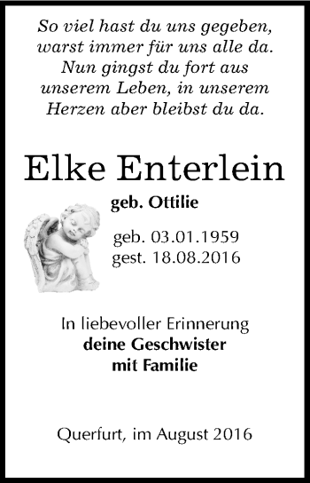 Traueranzeige von Elke Enterlein von Mitteldeutsche Zeitung Merseburg/Querfurt
