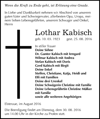 Traueranzeige von Lothar Kabisch von Mitteldeutsche Zeitung Zeitz