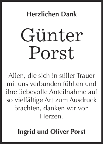 Traueranzeige von Günter Porst von WVG - Wochenspiegel Wittenberg