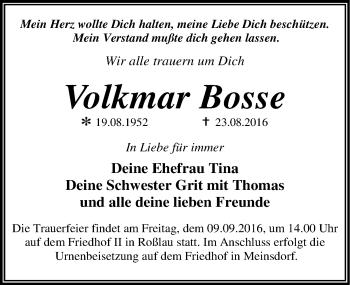 Traueranzeige von Volkmar Bosse von Mitteldeutsche Zeitung Dessau-Roßlau