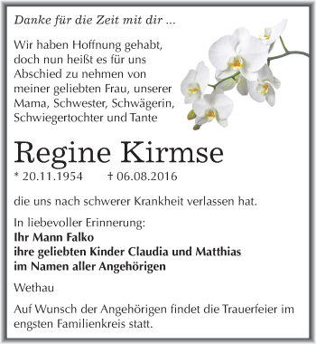Traueranzeige von Regine Kirmse von Mitteldeutsche Zeitung Naumburg/Nebra